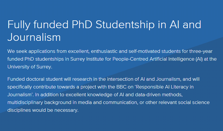 Fully funded PhD Studentship in AI and Journalism