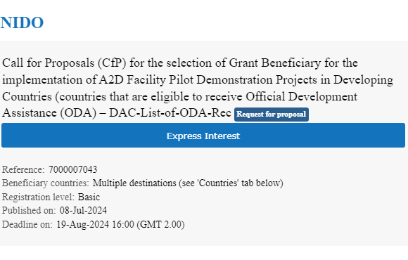 CFPs: Selection of Grant Beneficiary for A2D Facility Pilot Demonstration Projects in Developing Countries