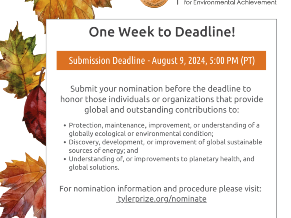 Nominations open for Tyler Prize for Environmental Achievement