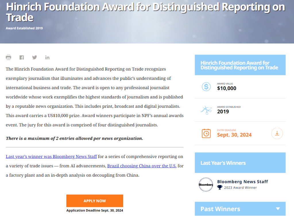 Hinrich Foundation Award for Distinguished Reporting on Trade