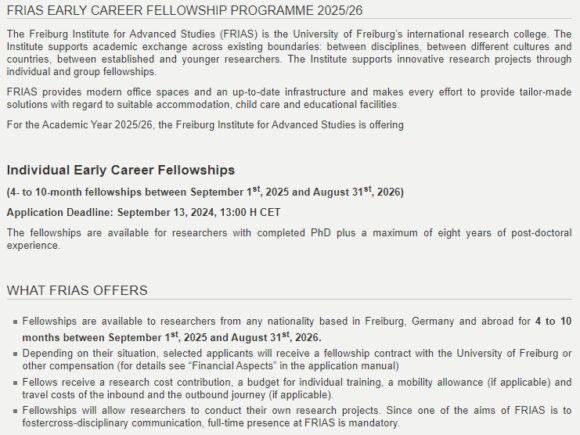 CFAs: FRIAS Early Career Fellowships Programme