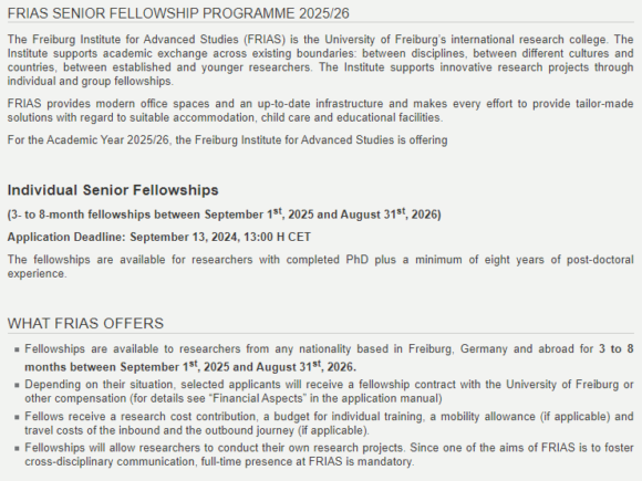 Apply for FRIAS Senior Fellowships Programme