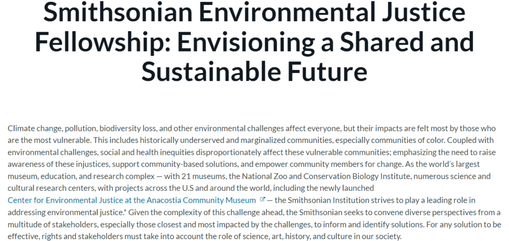 Smithsonian Environmental Justice Fellowship: Envisioning a Shared and Sustainable Future