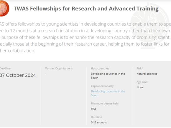 TWAS Fellowships for Research and Advanced Training