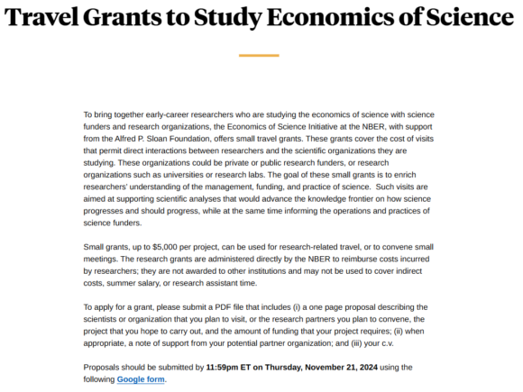 Travel Grants to Study Economics of Science