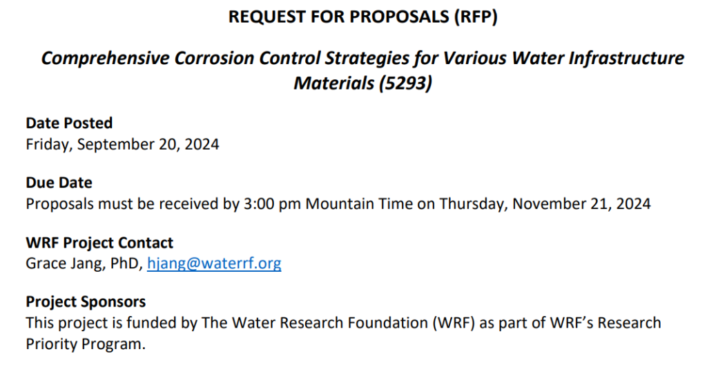 RFAs: Comprehensive Corrosion Control Strategies for Various Water Infrastructure Materials