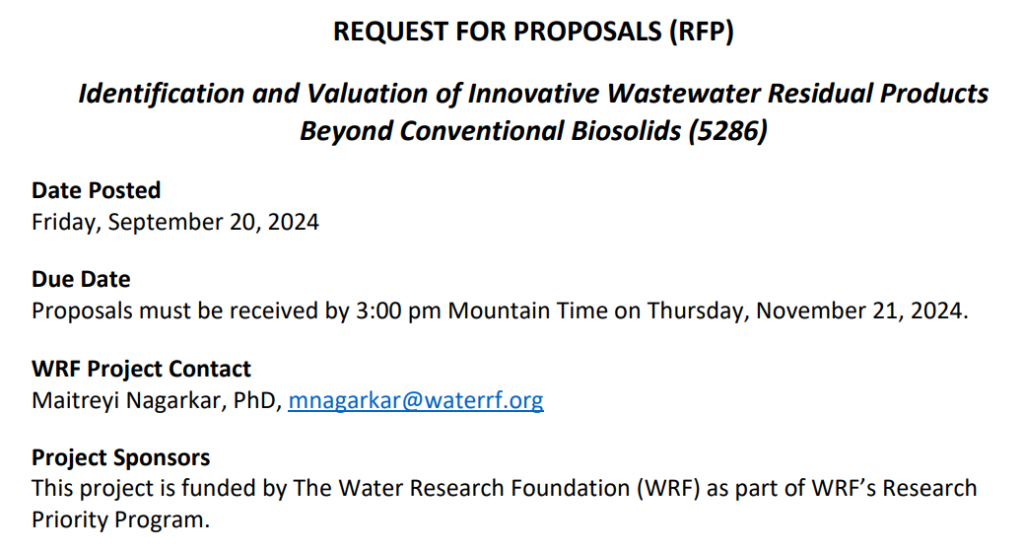 Open Call: Identification and Valuation of Innovative Wastewater Residual Products Beyond Conventional Biosolids