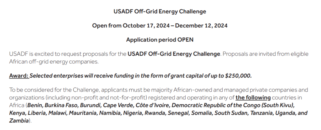 Applications open for USADF Off-Grid Energy Challenge