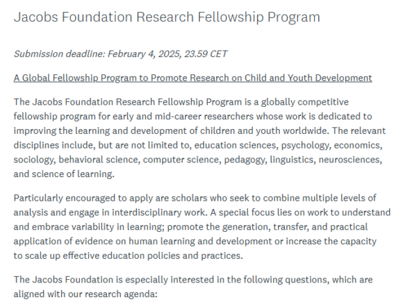 Research Fellowship Program to Promote Research on Child and Youth Development